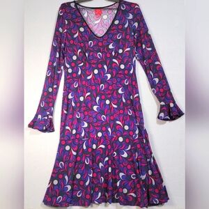 Oscar de la Renta Dress Size Small Long Bell Sleeve Multi‎ Color V Neck